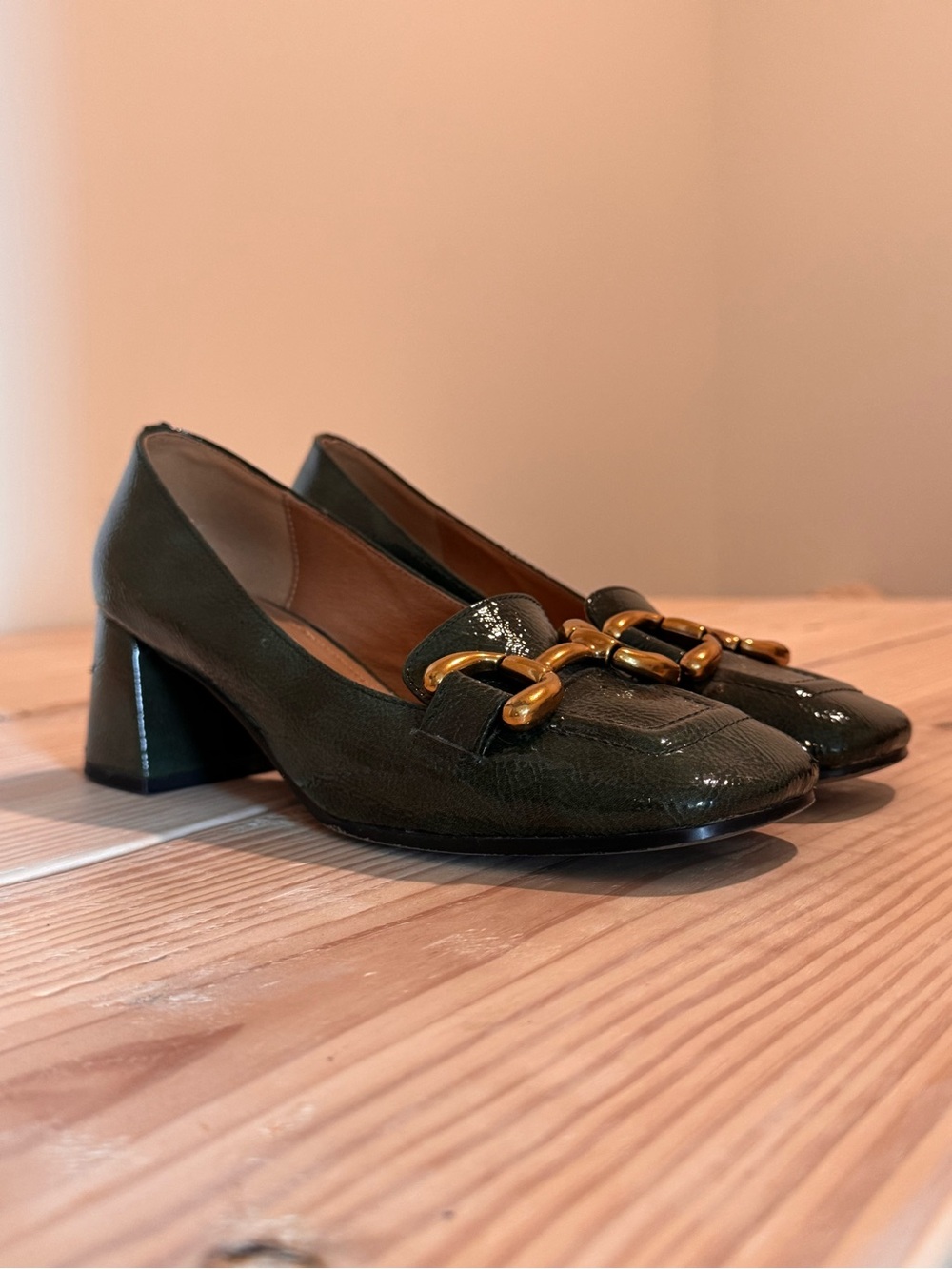 BiBi LOU Dark Green Leather Block Heel Loafers with Gold Chain Accent